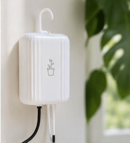 Close-up of compact white smart plant watering controller