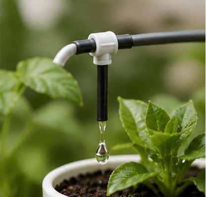 Close-up of drip irrigation outlet watering a potted plant