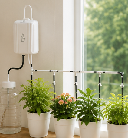 Automatic drip watering system caring for several plants by a window