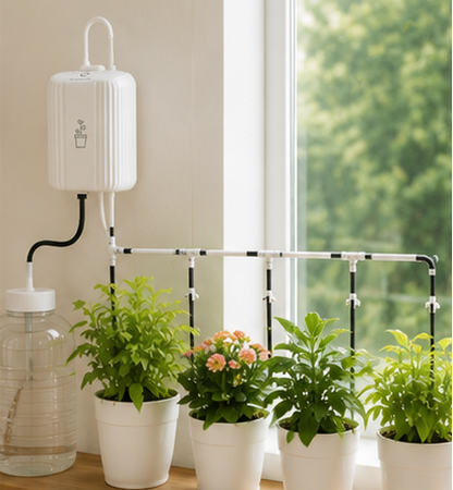 Automatic drip watering system caring for several plants by a window